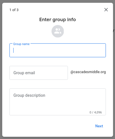 Image showing Google groups creation dialog page