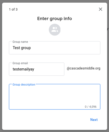 Image showing Google groups creation dialog page