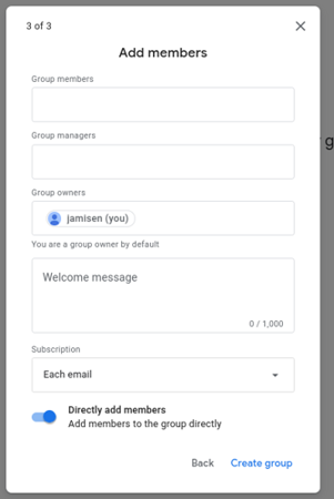 Image showing Google groups creation dialog page